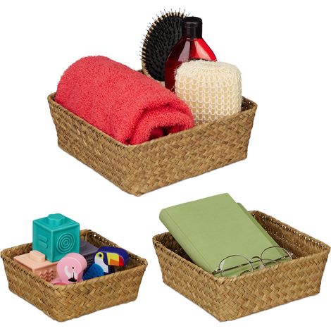 Relaxdays Aufbewahrungskorb Seegras, 3er Set, Körbchen in 3 Größen, Bad Aufbewahrung, quadratische Flechtkörbe, natur