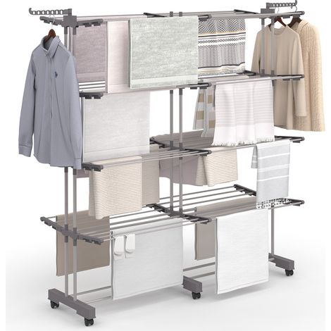 Idmarket – Séchoir à linge extensible 50M – 4 niveaux – Acier inoxydable et plastique – Charge max 40 kg – Dimensions plié 72x44x174cm (1/5)