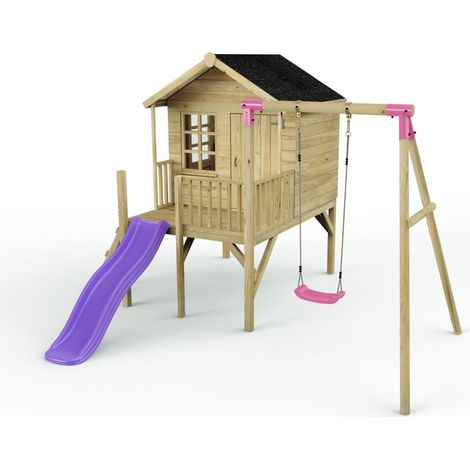 Rebo Playhouse and Single Swing Set with Slide - Solar Purple