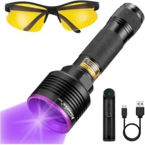 SV41 10W Lampe Torche UV LED 395nm Rechargeable Lampe Ultraviolet Lumiere Noire Détecteur D'urine pour Resine, Pêche, Scorpion, Minéraux avec Lunettes de Protection UV, Chargeur, Batterie