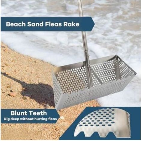 Râteau anti-puces de 40 cm, pelle à sable de plage en acier inoxydable avec large panier trapézoïdal, râteau à long manche amovible pour peigner la plage, tamiser le sable et chasse (1/5)