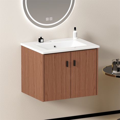 Meuble de Salle de Bain - 60cm - Meuble Sous-Vasque avec 2 Portes à Fermeture Douce et Plan Céramique - Brun Rougeâtre (1/5)