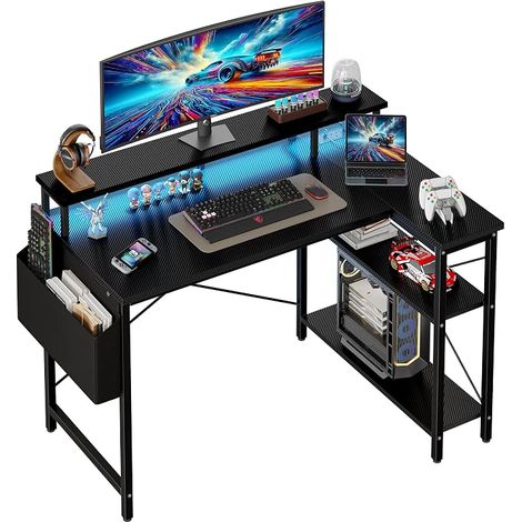 Reversible Gaming Desk, 100 x 70 cm L-Shaped Corner Desk with USB Charging Port and Power Outlet, Computer Table with Screen Stand for Bedroom Home Black (1/5)