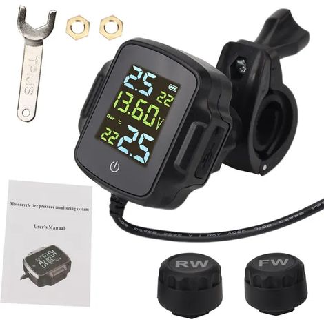 (Moto TPMS) Système de surveillance de la pression des pneus pour moto avec 2 capteurs externes, kit d'alarme de pneu intelligent et accessoires universels pour moto (1/5)