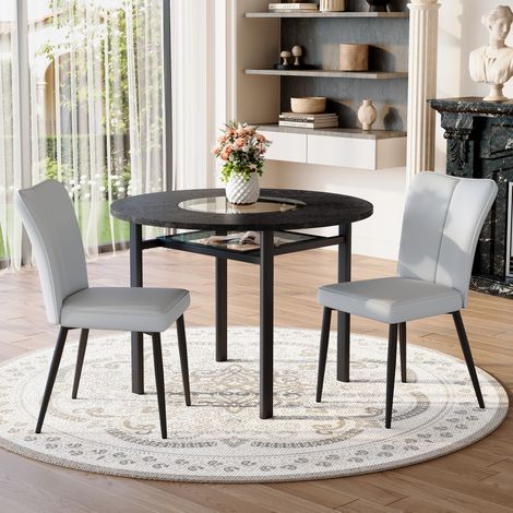 MEUBLIV Runder Esstisch 100 cm Schwarz/Hellgrau mit Glasablage, 2 Stühle (1/5)