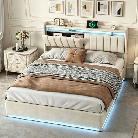 Lit coffre 140x190 - Velours beige - Coffre hydraulique XXL - Tête de lit capitonnée avec niches - USB-C/A & LED RGB (1/5)