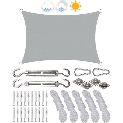 Sonnensegel Wasserdicht 3x4m, HDPE 98% UV Atmungsaktiv, Mit Rostschutz Ösen Und Kordel, Wetterfest &amp Reißfest, Geeignet für Außenbereich, Garten, Camping, Terrasse(Hellgrau)