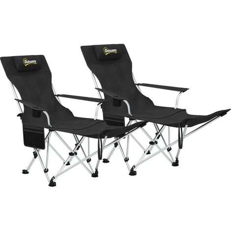 Lot de 2 chaises de camping avec table pliante inclinable avec repose-pieds, sac de rangement, porta-gobelet et appui-tête, noir