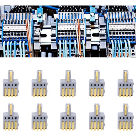 Packung mit 20 T-förmigen Schnellanschlussklemmen, Druckknopfverbindern, Parallelverteilern mit 1 Eingang und 4 Ausgängen, grau (SPL-F14A), gelb (1/5)