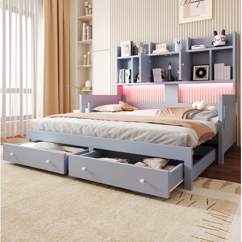 MODFU – Letto a panca estensibile 90x190 cm con cassetti, LED, presa, zona notte 180x190 cm e 29 doghe – Grigio (1/5)