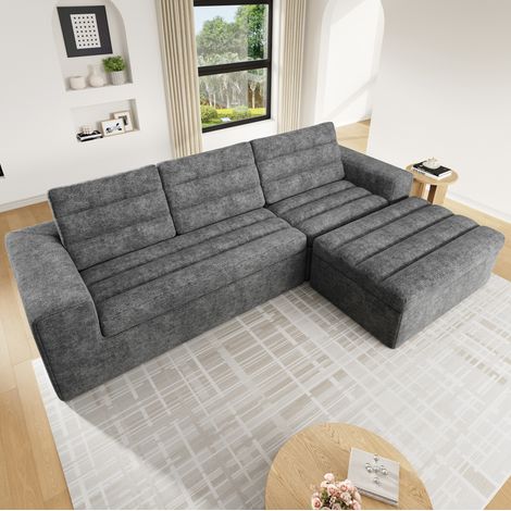Canapé d’angle modulaire 253x161x89 cm gris clair en chenille sans cadre avec ottoman (1/5)