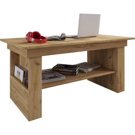 Kobila Table basse avec 1 espace de rangement et 2 compartiments imitation chêne miel.