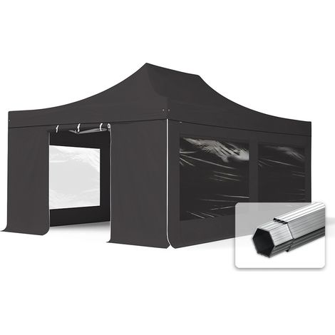 4x6 m Faltpavillon PROFESSIONAL Alu 50mm, Seitenteile mit Panoramafenstern, schwarz