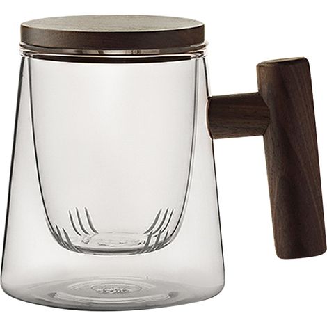 Mug en verre avec infuseur et couvercle, tasse à café en verre avec anse en bois, tasse à café à large ouverture et grande capacité (1/5)