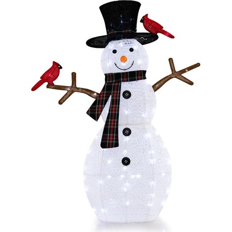 COSTWAY Pupazzo di Neve con luce a LED, Decorazione Natalizia con Luce Incorporata, Pupazzo di Neve e Uccello Rosso, per Giardino Cortile, 127 cm (1/5)