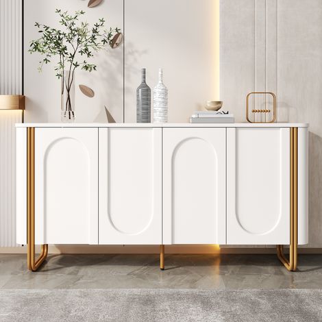 Buffet bas 160x35x80,5 cm avec 4 portes push-to-open, façades en relief arqué, coins arrondis, pieds métal, rangements intérieurs, buffet - Blanc (1/5)