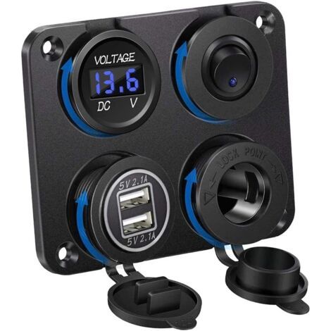 Panneau de chargeur de voiture avec double port USB 5 V/4,2 A, fente allume-cigare DC 12 V, bouton interrupteur et voltmètre LED étanche pour voiture/bateau/moto (1/4)
