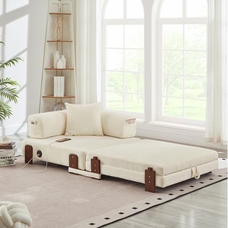 Canapé convertible pliant beige en tissu avec ports USB/Type-C, rangement et coussin (1/5)