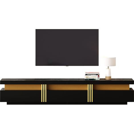 Meuble TV lowboard moderne effet marbre 200 × 40 × 42 cm, pour téléviseurs jusqu’à 90 pouces, trois tiroirs et 1 système de gestion des câbles