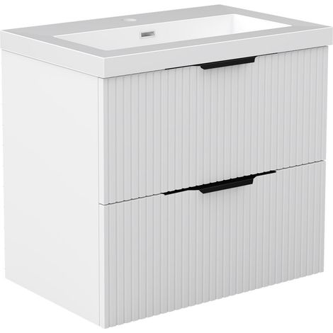 Meuble de Salle de Bain Suspendu Blanc Mat 60cm avec 2 Tiroirs Silencieux, Vasque Résine, Résistant à l'Humidité, Cannelé Design (1/5)