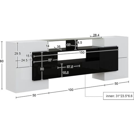 Meuble TV design moderne, meuble bas laqué blanc et noir, 200 cm, avec éclairage LED intégré, façade en verre élégante, meuble de salon contemporain haut de gamme. (1/5)