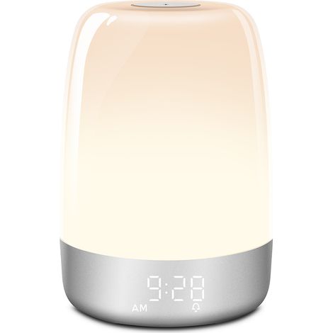 Veilleuse tactile avec réveil simulant le lever du soleil, lampe de chevet à lumière blanche chaude réglable sur trois niveaux, lampe de bureau d'ambiance RGB et mode minuterie. (1/3)