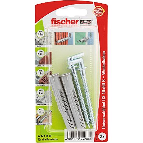 Fischer 2x Tassello universale UX 10x60 R WH con gancio ad angolo - 94288