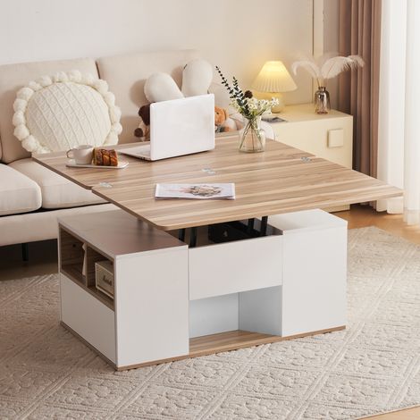 DESMIU Table basse relevable avec 2 tiroirs 1 porte et niches ouvertes pour salon 100 × 51 × 47 cm