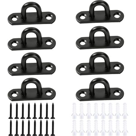 Lot de 8 Pièces Plaque Oeillet Acier Inoxydable, Plaque à Oeillet Noire 45 mm pour Mur et Plafond, Kit de Fixation Murale et Plafond avec Vis et Chevilles pour Objets Suspendus (1/5)