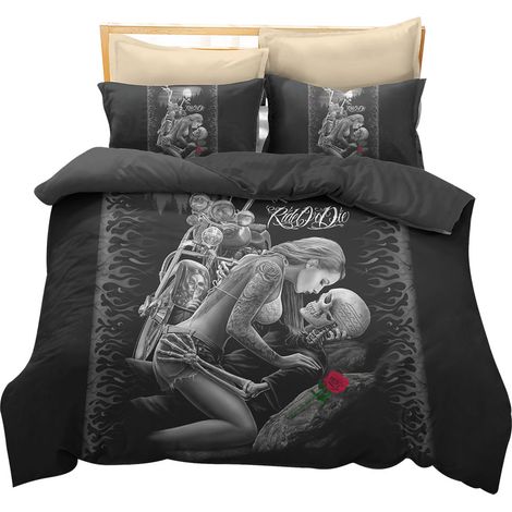 Parure de lit moto tête de mort 3D, polyester, 3 pièces, housse de couette et taie d'oreiller (King) (1/5)