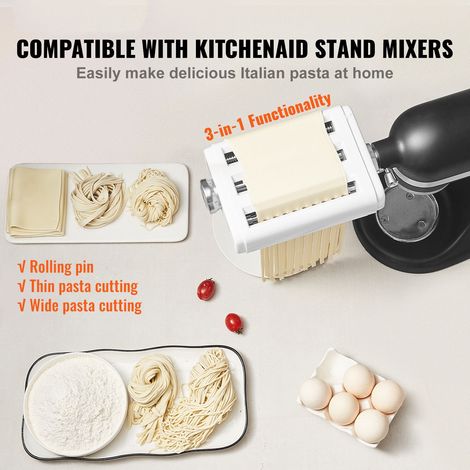 Accessoire pâtes pour KitchenAid robot pétrisseur, set 3-en-1 rouleau et coupe pâtes inox: laminateur, tagliatelles et fettuccine, 8 réglages épaisseur (1/5)