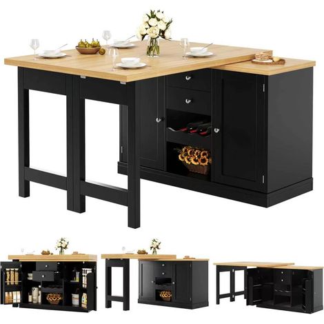 Ilot central de cuisine extensible Noir,Table Manger avec 2 tiroirs,plan de travail,120-197x40x74cm (1/5)