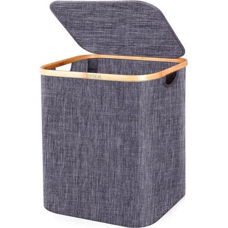 Panier à linge 60L avec couvercle - Petit panier à linge avec poignées en bambou, paniers à linge sale pour linge avec couvercle, paniers à linge pliables pour ranger les vêtements et la chambre (1/5)