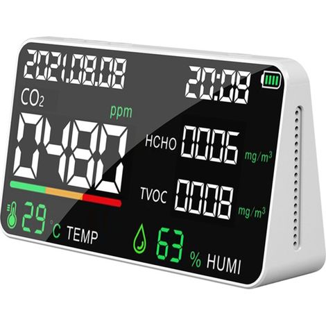 Moniteur de qualité de l'air 5 en 1 : Testeur numérique LED de CO2, HCHO, TVOC, température et humidité, rechargeable par USB, pour intérieur (pièces, bureaux, serres, entrepôts) (1/5)