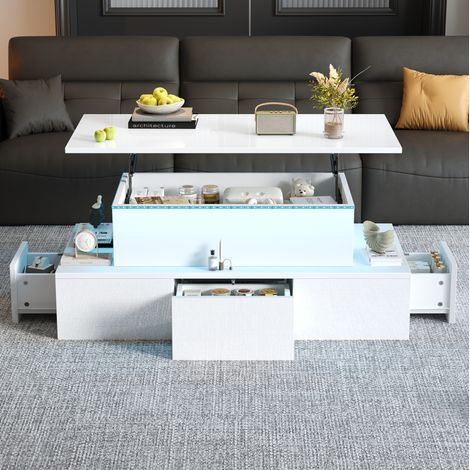 Mesa centro elevable con LED y almacenaje oculto blanca OKMYHOME (1/5)