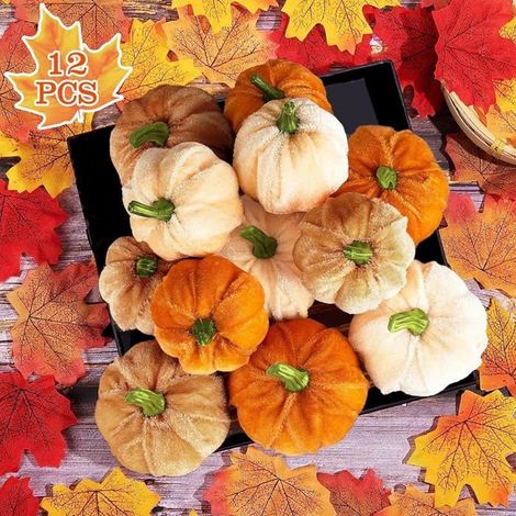 Lot de 12 Citrouilles Artificielles en Velours Décoration d'Automne et Halloween - Accessoires de Photographie Marron pour Fête (1/5)