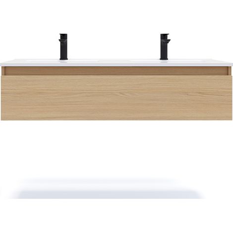 Meuble de salle de bain suspendu double vasque intégrée 120cm 1 tiroir Chêne clair - Hudson (1/5)