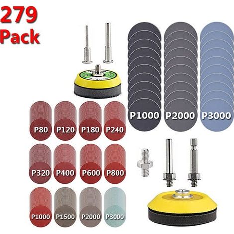 279 dischi abrasivi, supporti da 50 mm e 75 mm, con grane di 80, 120, 180, 240, 320, 480, 600, 800, 1000, 1200, 1500 e 3000. (1/4)