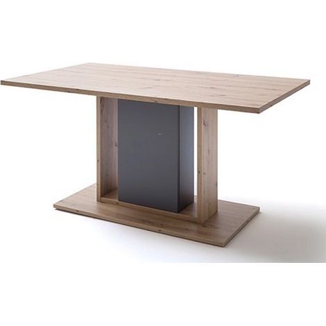 Table à manger coloris chêne massif et gris royal - Longueur 160 x Hauteur 77 x Profondeur 90 cm -PEGANE-