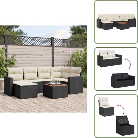 The Living Store 7-tlg. Garten-Sofagarnitur mit Kissen Schwarz Poly Rattan - Gartenmöbel - Outdoor Möbel - Rattan Gartenmöbel - PE-Rattan - Esstisch Set (1/5)