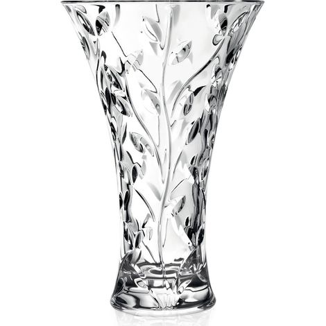 Vaso da Fiori in Vetro Cristallino RCR H30 modello Laurus Eco-Crystal portafiori Arredo Intagliato con Motivo Foglie di Alloro Centerpiece e Fioriera da Tavolo Made in Italy