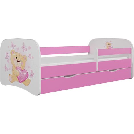 Lit enfant rose papillons avec sommiers et barrière de sécurité amovible Drimy-70x140 (1/5)