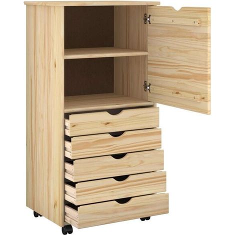 Meuble de Rangement sur Roulettes 53x39x103 cm, Desserte en Bois Massif Pin Couleur Brun, Armoire Mobile Multifonction pour Cuisine Salon Bureau (1/5)