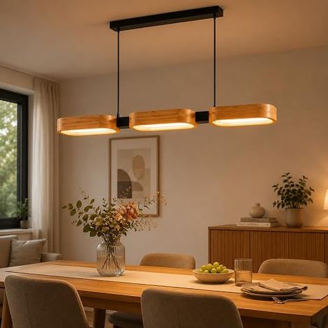 Dimmable Wooden LED Pendant Light with Remote Control, 25W 2500lm, Adjustable Colour Temperature 3000K-6500K, Memory Timer Function, Modern Ceiling Light for Dining Room, Kitchen, Living Room (1/5)