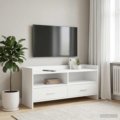 Meuble TV blanc en bois d’ingénierie avec rangements, 100 x 33 x 47 cm - PANGIVO (1/5)