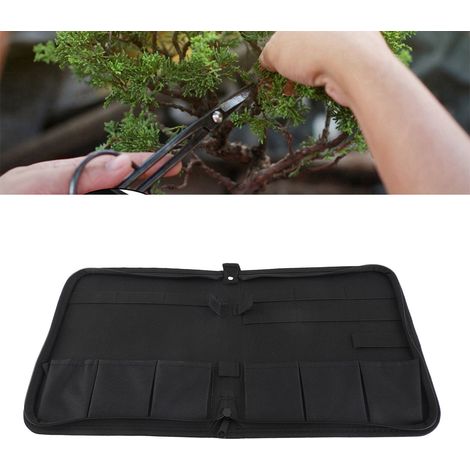 Etui pochette noir en tissu pour ranger 6 outils bonsaï sécateurs jardin coupe taille 255x225mm portable (1/5)