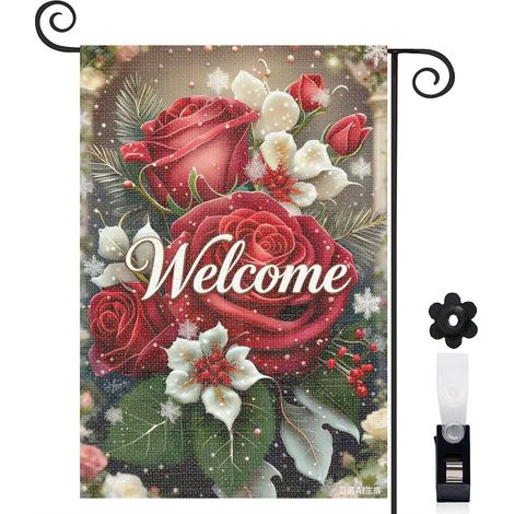 Drapeau de jardin roses rouges et lys 30 x 45 cm décoration terrasse et extérieur (1/5)