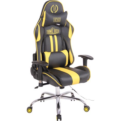 Fauteuil de bureau gamer design sportif fonction de massage chauffant avec coussins en PVC noir / jaune 100002531