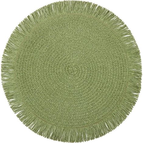 Lot de 4 sets de table ronds en paille de papier tissé avec pompons Vert 38 cm'Vert'Vert'- (1/2)