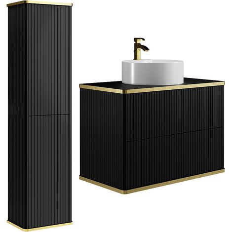Meuble de salle de bain suspendu strié avec vasque à poser ronde et colonne - Noir - 80 cm - KELIZA (1/4)
